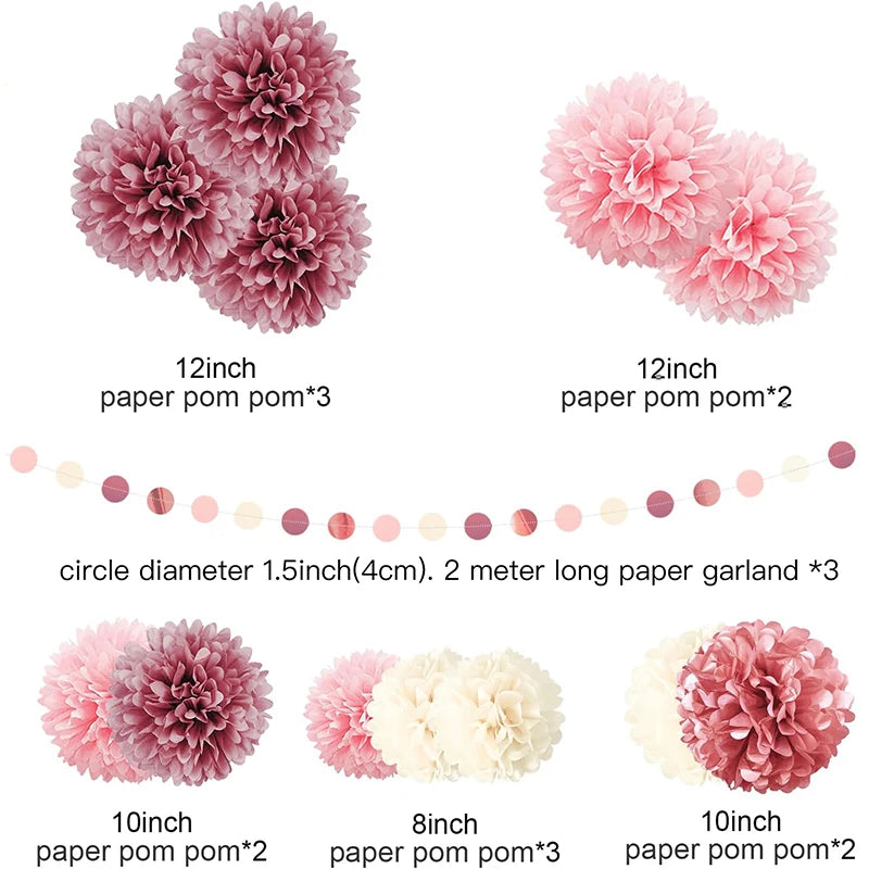 Dusty Rose Light Pink Rose Gold Paper Pom Pom Set Decorations