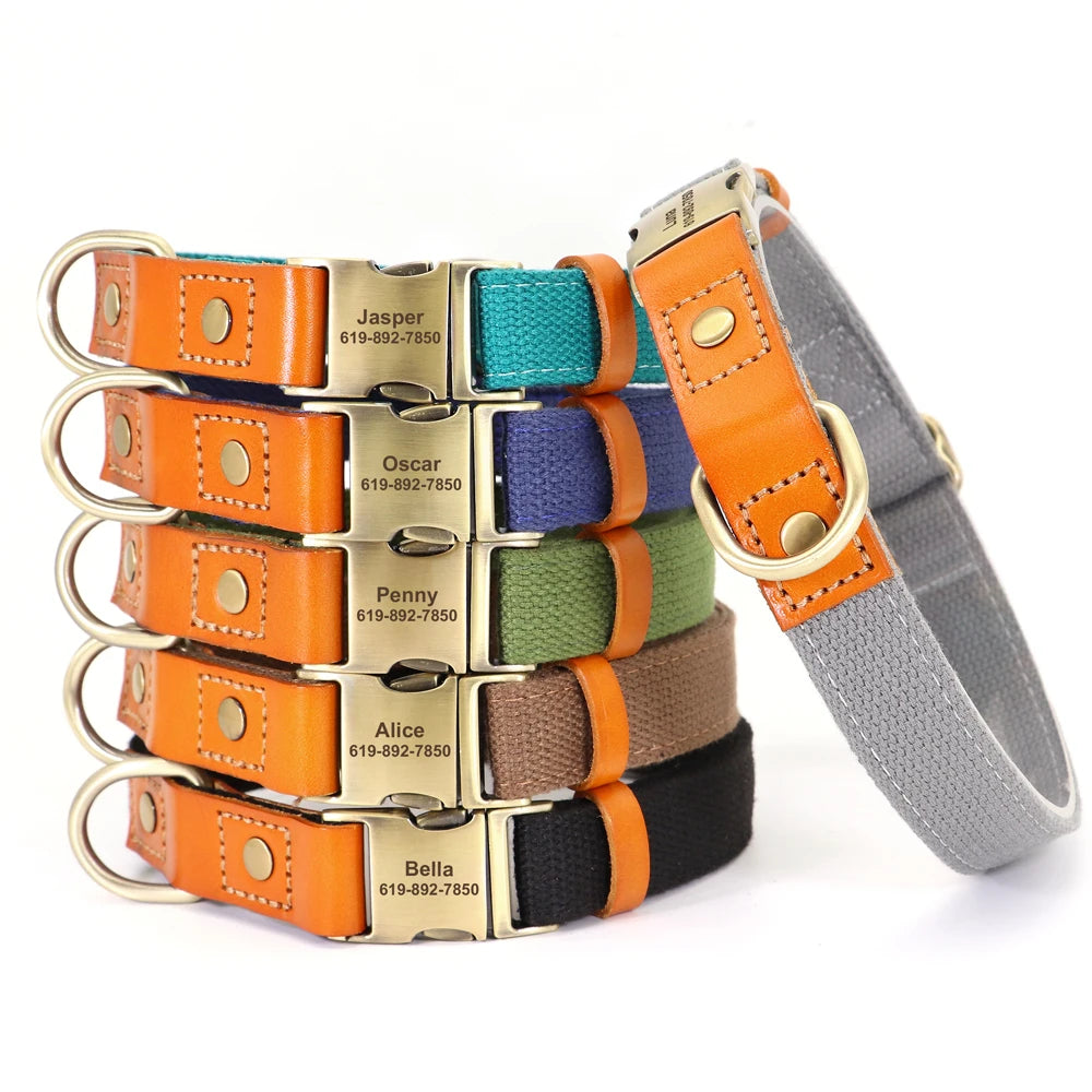 Nylon Custom Dog Collar and Leash Set with Personalized Genuine Leather Nameplate ID Tag for Puppies
