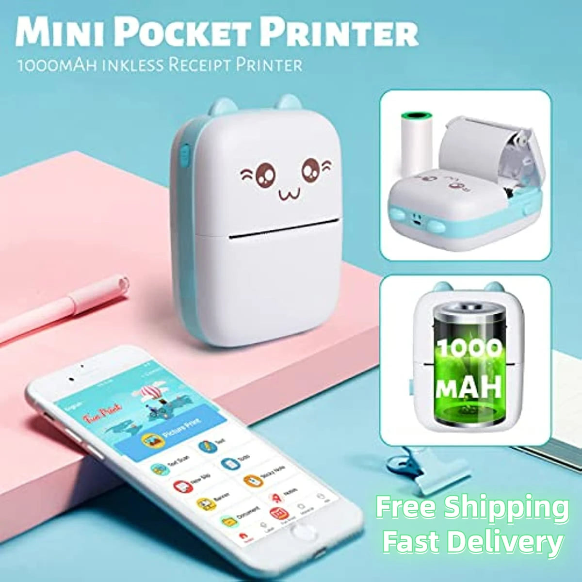 Mini Photo Pocket Printer Portable Ink-free Thermal 57mm Wireless BT 200dpi for Android iOS