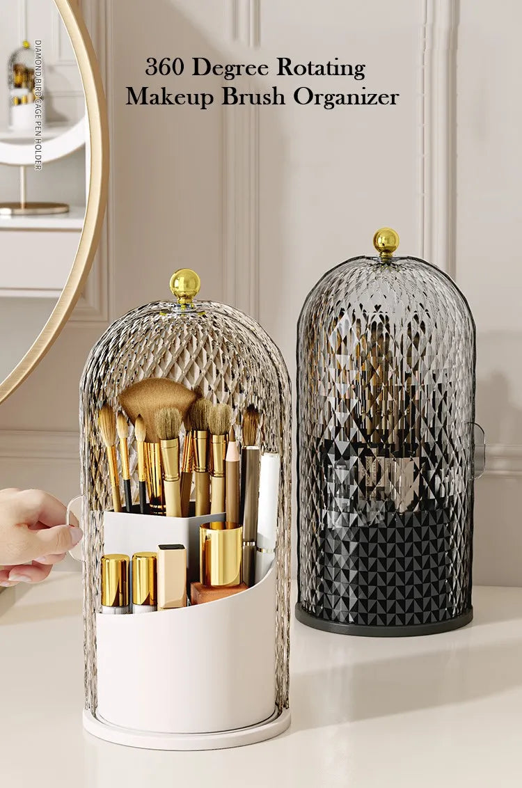 Makeup Brush Holder with Lid Diamond Birdcage 360 Rotating Organizer