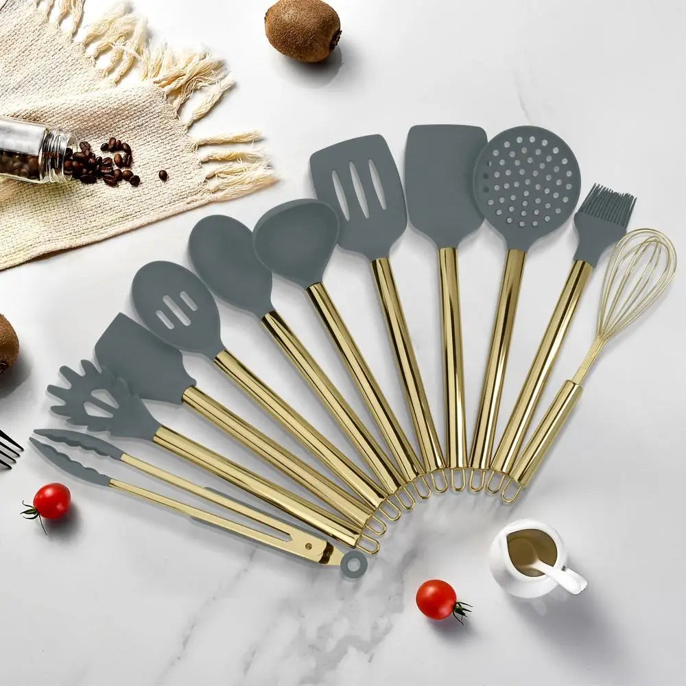 High Quality Stainless Steel Kitchenware Set with Silicone Spatula Spoon and BBQ Tongs 18 Piece Cooking Tool Collection