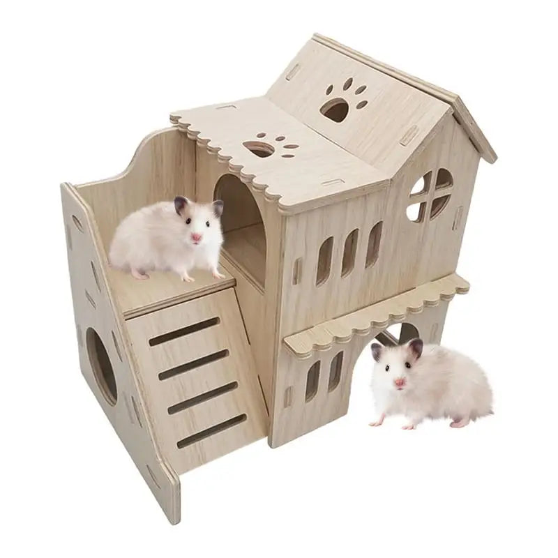 Large Hamster House Double-decker Gerbil Hut With Ladder Large Wooden Small Animals Pets Exploring Toys For Chinchilla