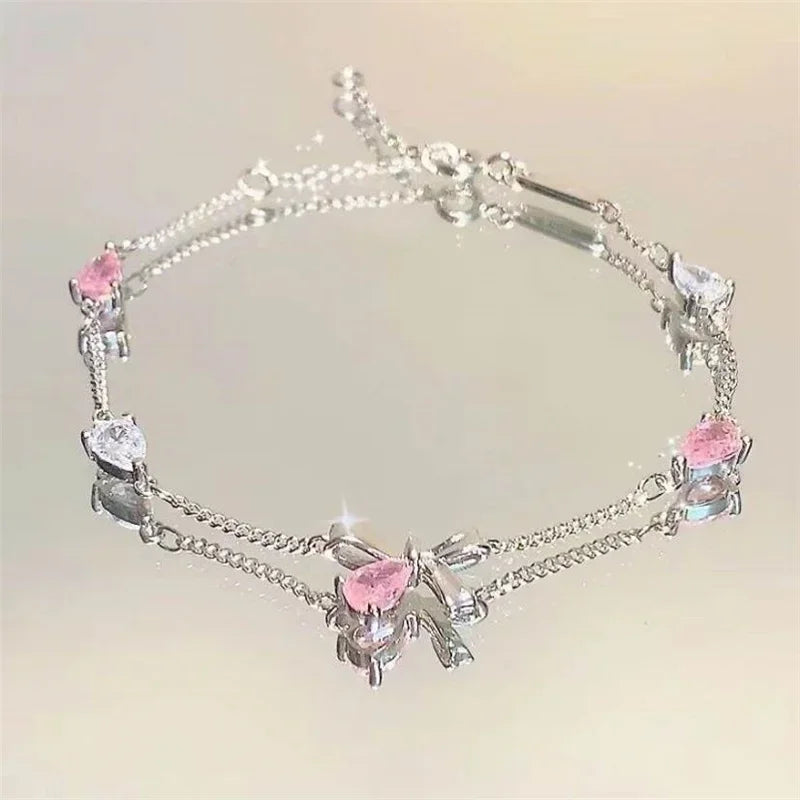 Shiny Pink Crystal Cherry Blossom Bracelets For Women Girls