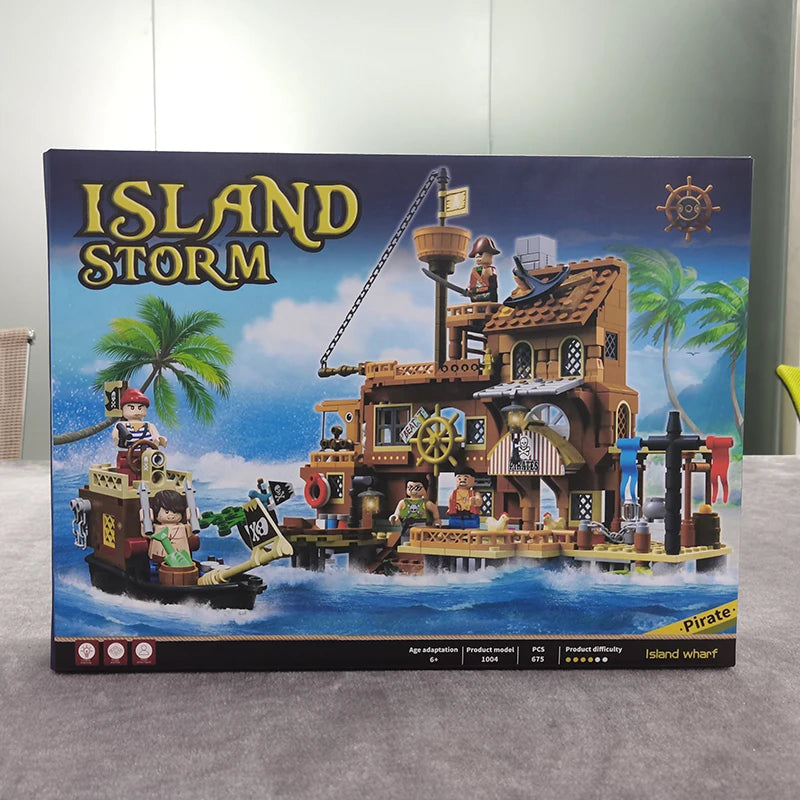 Creative Medieval Pirate Island Fortress Building Blocks Set with Adventure Ship and Log Cabin Model for Kids