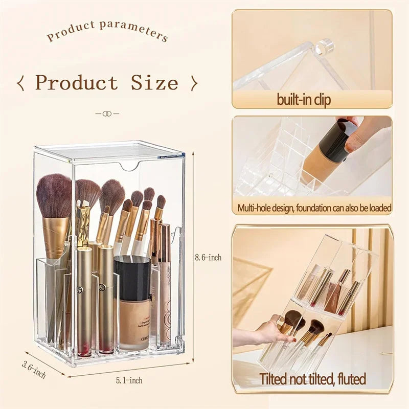 Large Capacity Clear Makeup Brush Holder Organizer with Lid 17 Slot Slanted Design for Desk Storage