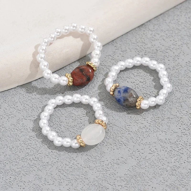 3 PCS Set Natural Stone Pearl Beaded Rings for Women