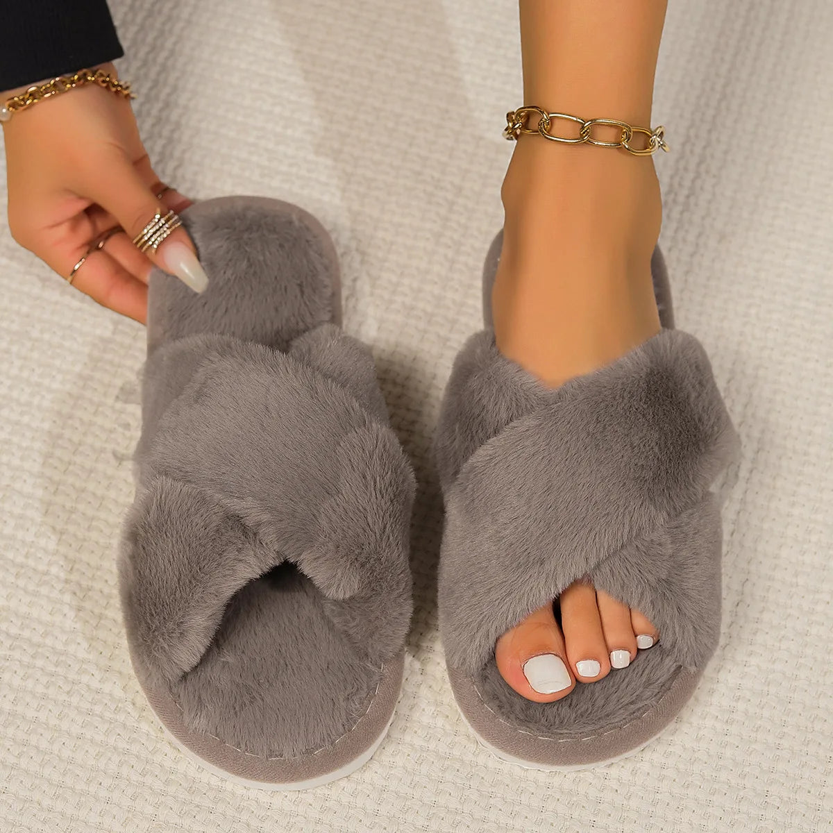 Winter Cross Imitation Rabbit Fur Slippers for Women