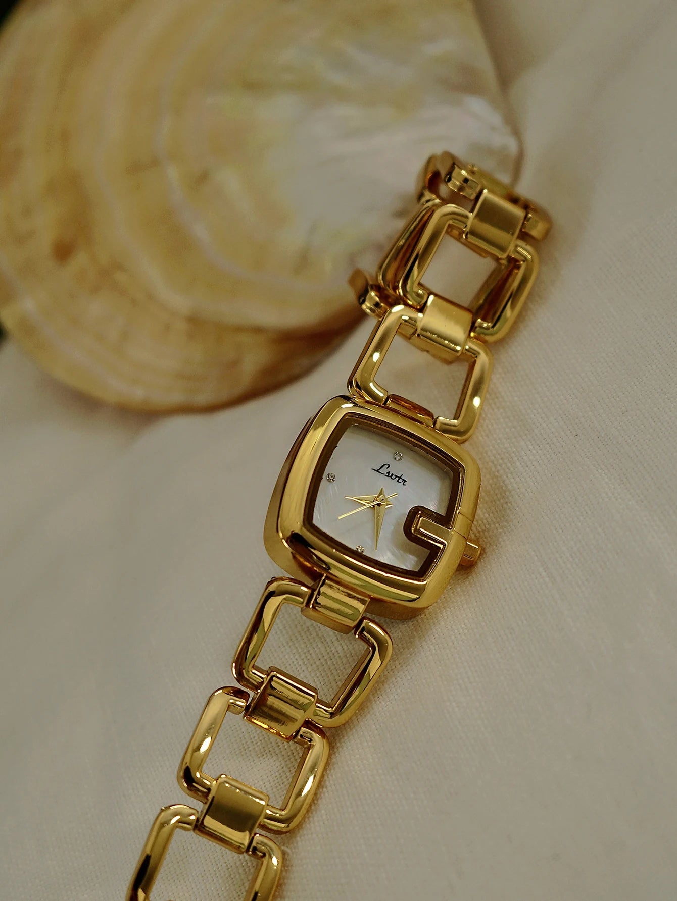 1pc Women's Elegant High-End Luxury Quartz Watch, Rhinestone & Mother Of Pearl Dial, Stainless Steel Band