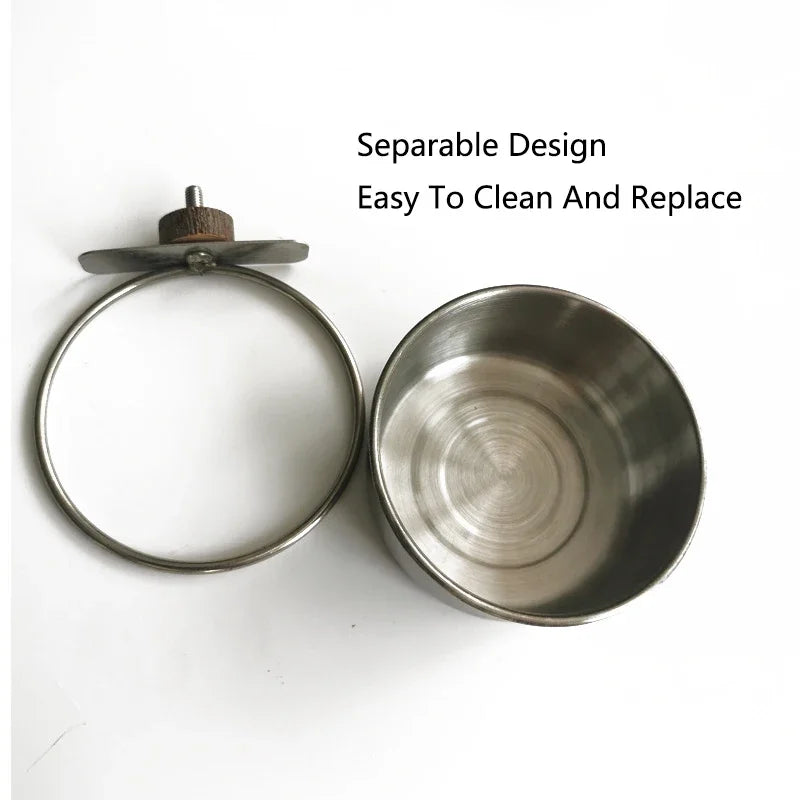 Stainless Steel Birds Parrot Feeder Bowl Round Small Pet Natural Wood Stand Food Water Drinking Feeding Bowl Birds Supplies