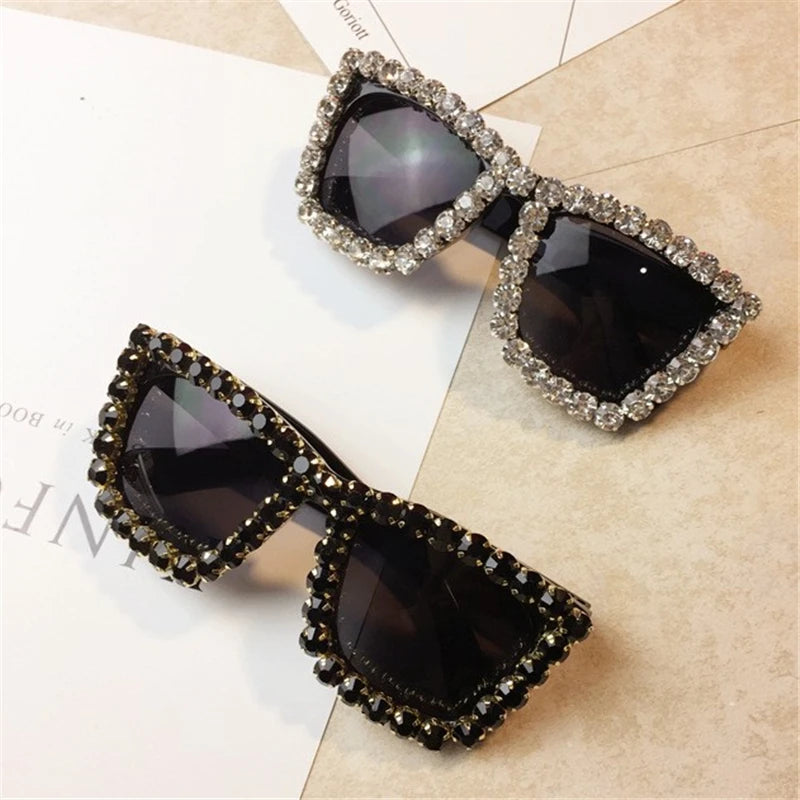 Oversized Rhinestone Frame Square Sunglasses UV400 Shades for Women