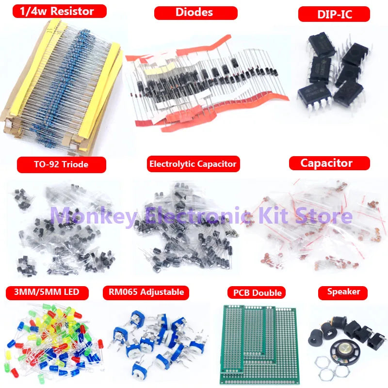 1818 Pieces Electronic Components Kit for Hobbyists and Students Including Resistors Capacitors Transistors Diodes LED and PCB Board