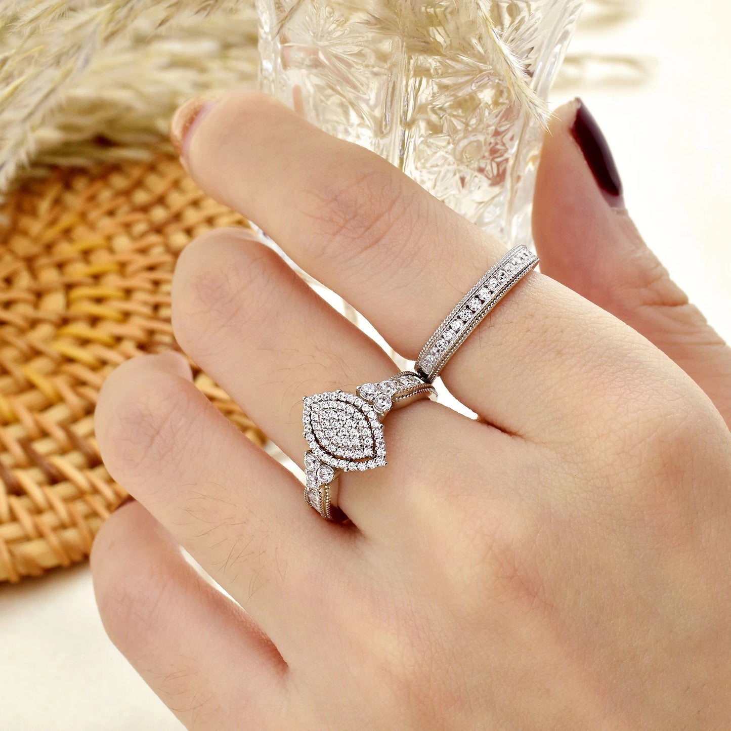 Newshe Halo AAAAA CZ Marquise Cluster Vintage Wedding Ring Set 925 Sterling Silver