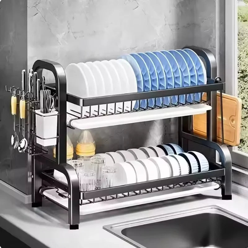 3-Tier Compact Dish Drying Rack with Drainboard Large Rust-Proof Metal Kitchen Storage Solution