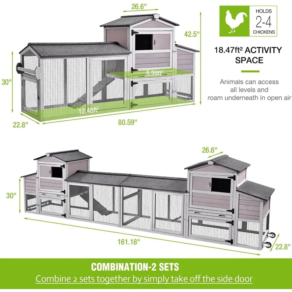 Gutinneen Chicken Coop Mobile Hen House on Wheels Large Chicken House with Run Outdoor Poultry Cage Waterproof Roof Duck Coop,Co