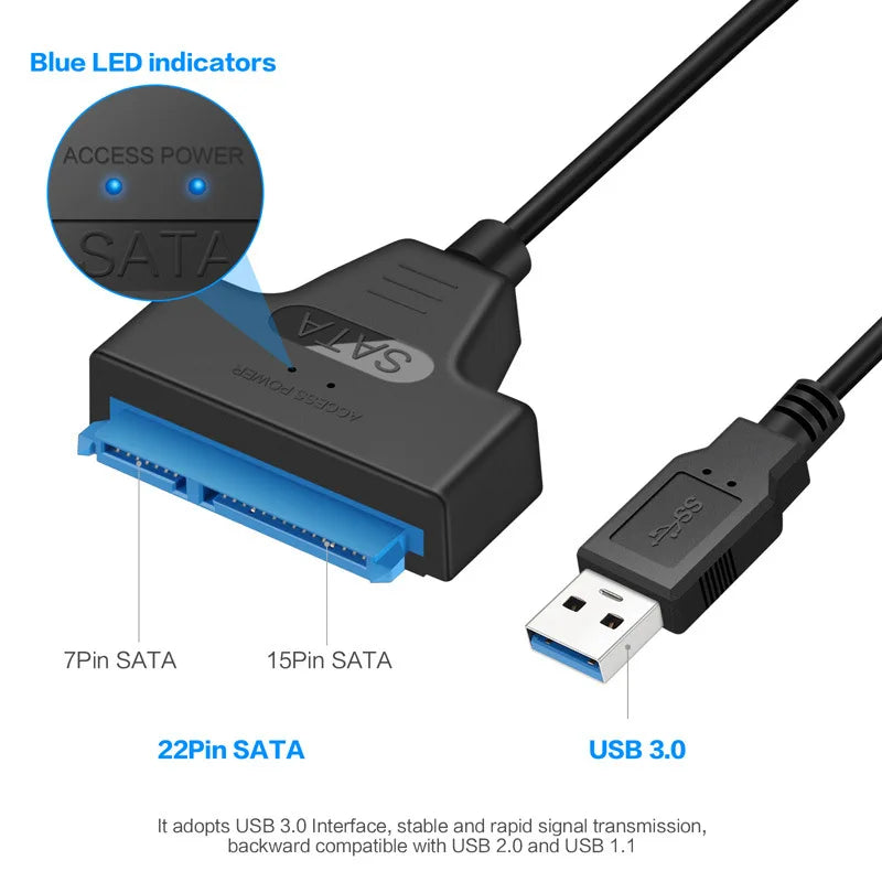 Cable SATA a USB 3.0/2.0 de hasta 6 Gbps para disco duro externo HDD SSD de 2,5 pulgadas Adaptador SATA 3 de 22 pines Cable USB 3.0 a Sata III
