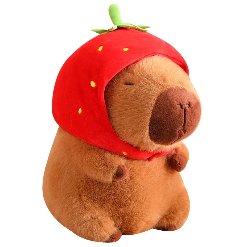 Strawberry Hat Capybara Plush Toy with Turtle Backpack Pendant