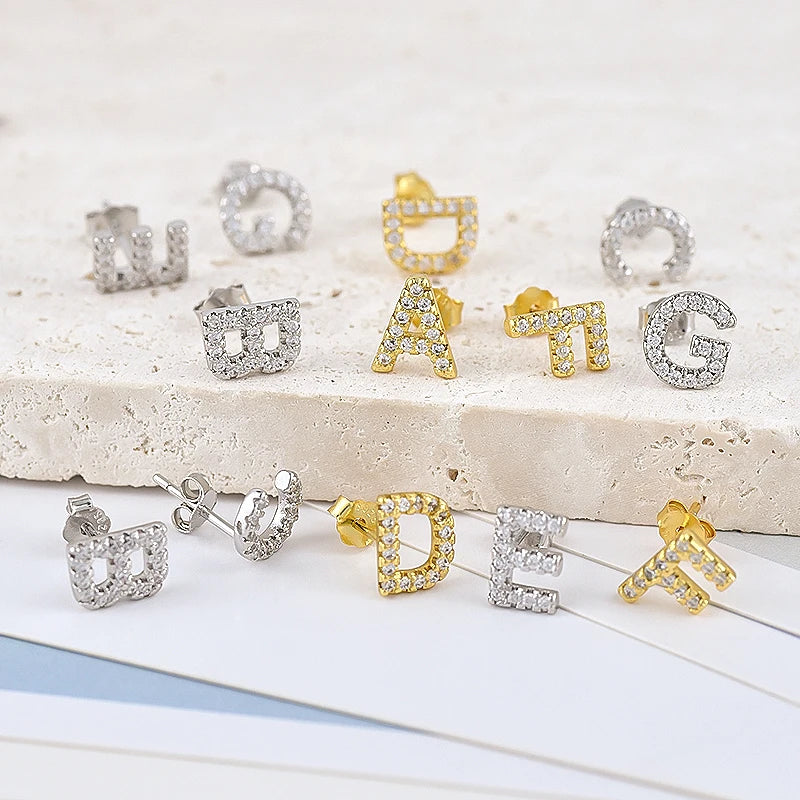 Simple Metal 925 Sterling Silver Letter Earrings with Zircon