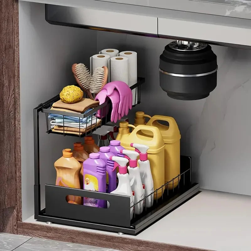 2 Tier Under Sink Organizers with Sliding Drawer for Bathroom and Kitchen Storage