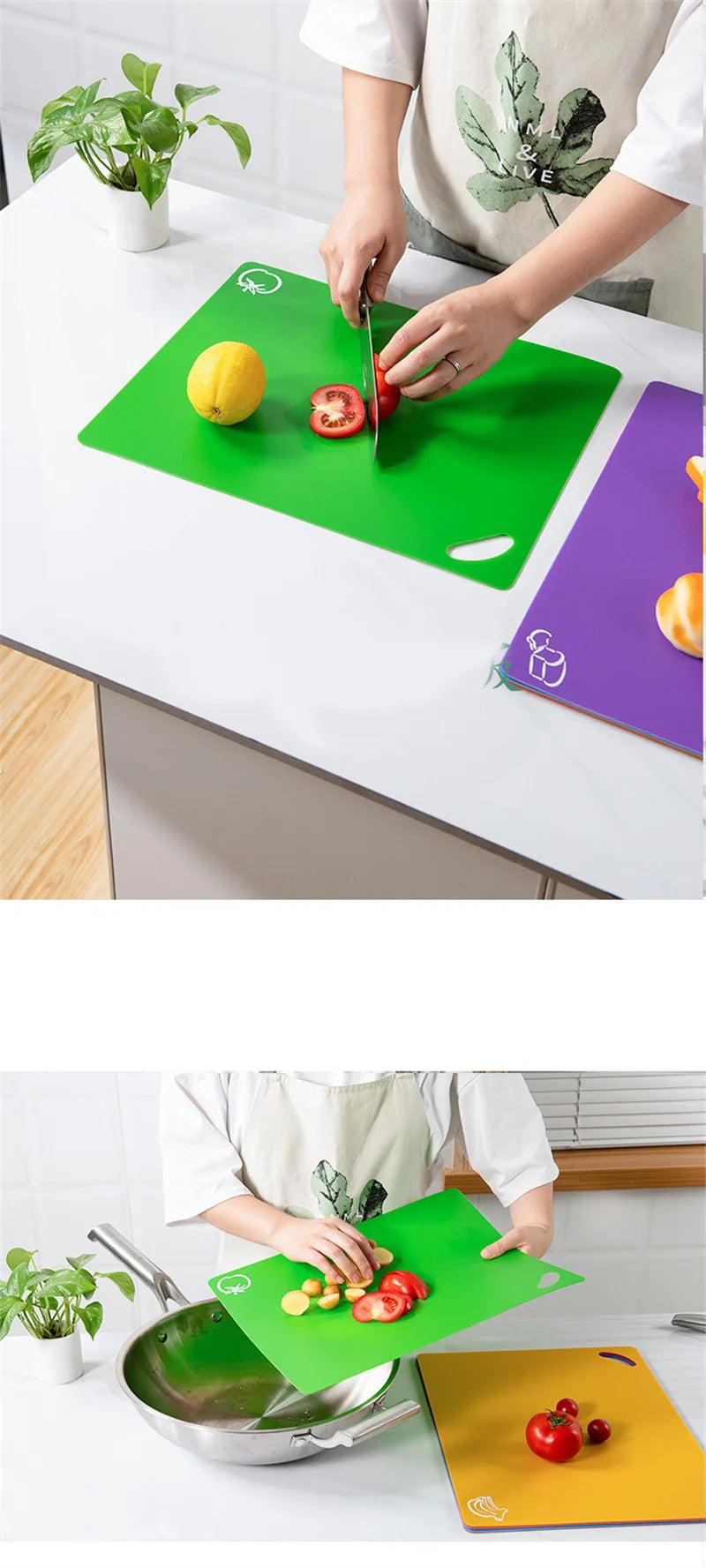 6 Piece Colorful Flexible Plastic Non-Slip Chopping Boards with Food Icons for Easy Kitchen Prep