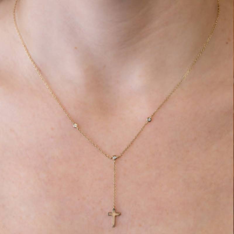 Shy Creation Kate 0.04 ct. Diamond Bezel Cross Lariat Necklace in 14K Yellow Gold