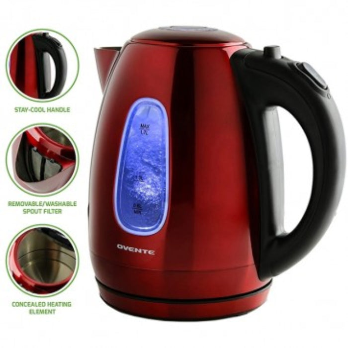 Ovente KS96R 1.7L Stainless Steel Cordless Electric Kettle - Red