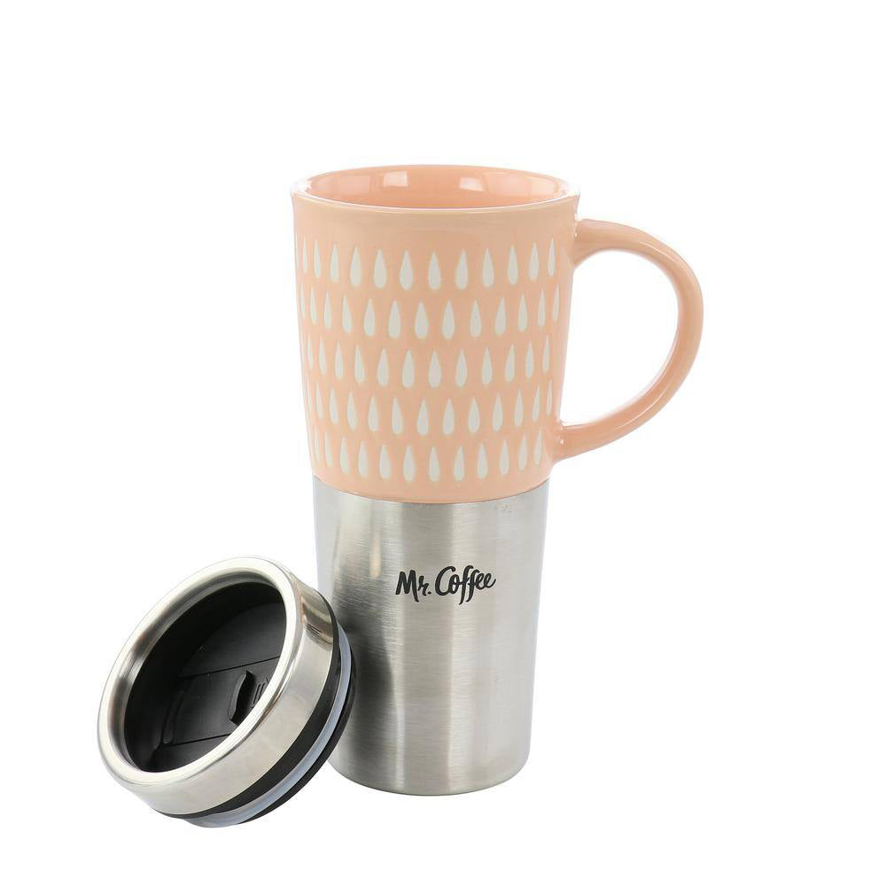 Mr. Coffee 138967 Travertine 16 oz Travel Mug with Lid - Light Pink