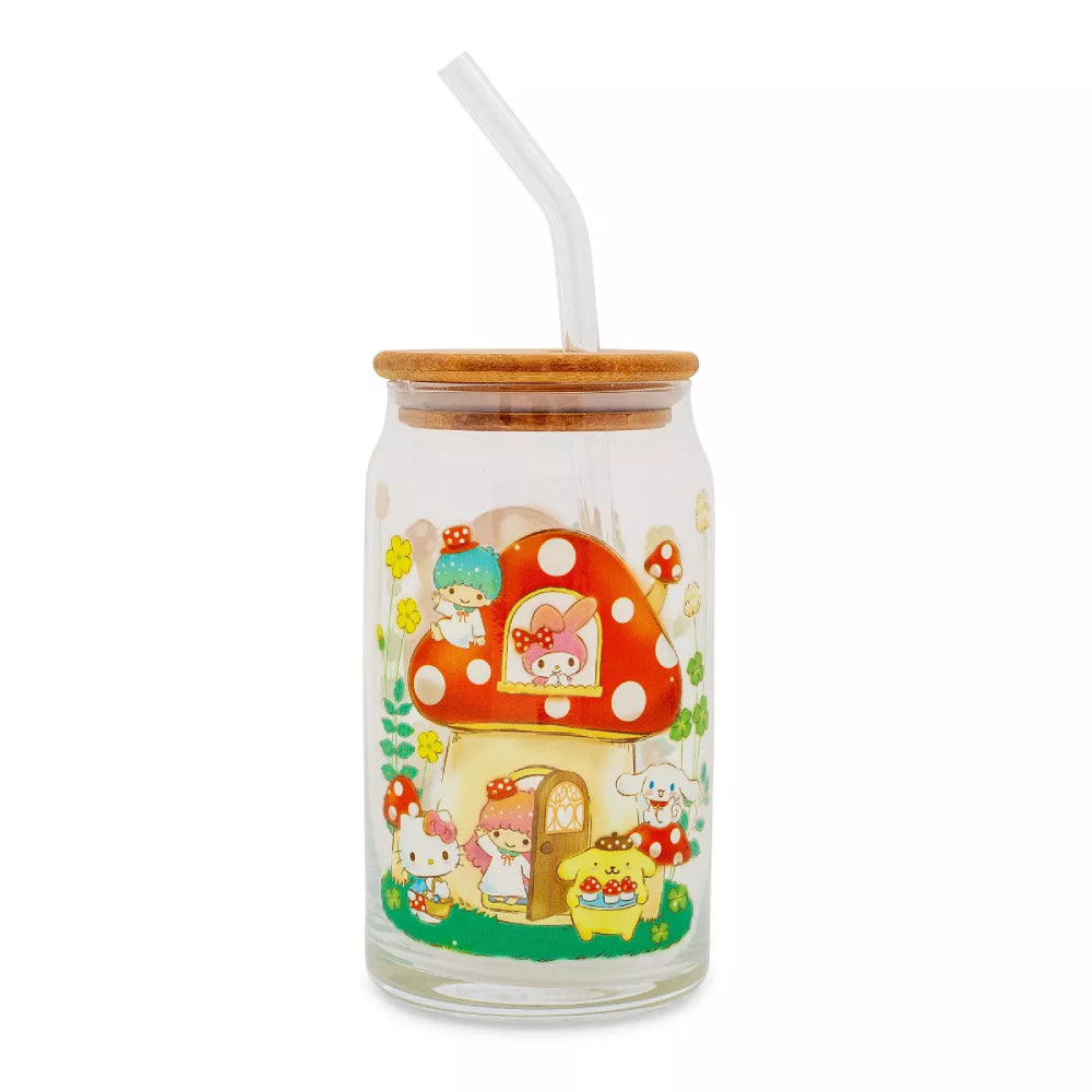 Sanrio Hello Kitty and Friends Mushroom 20 oz Glass Tumbler With Bamboo Lid and Straw - Multicolor