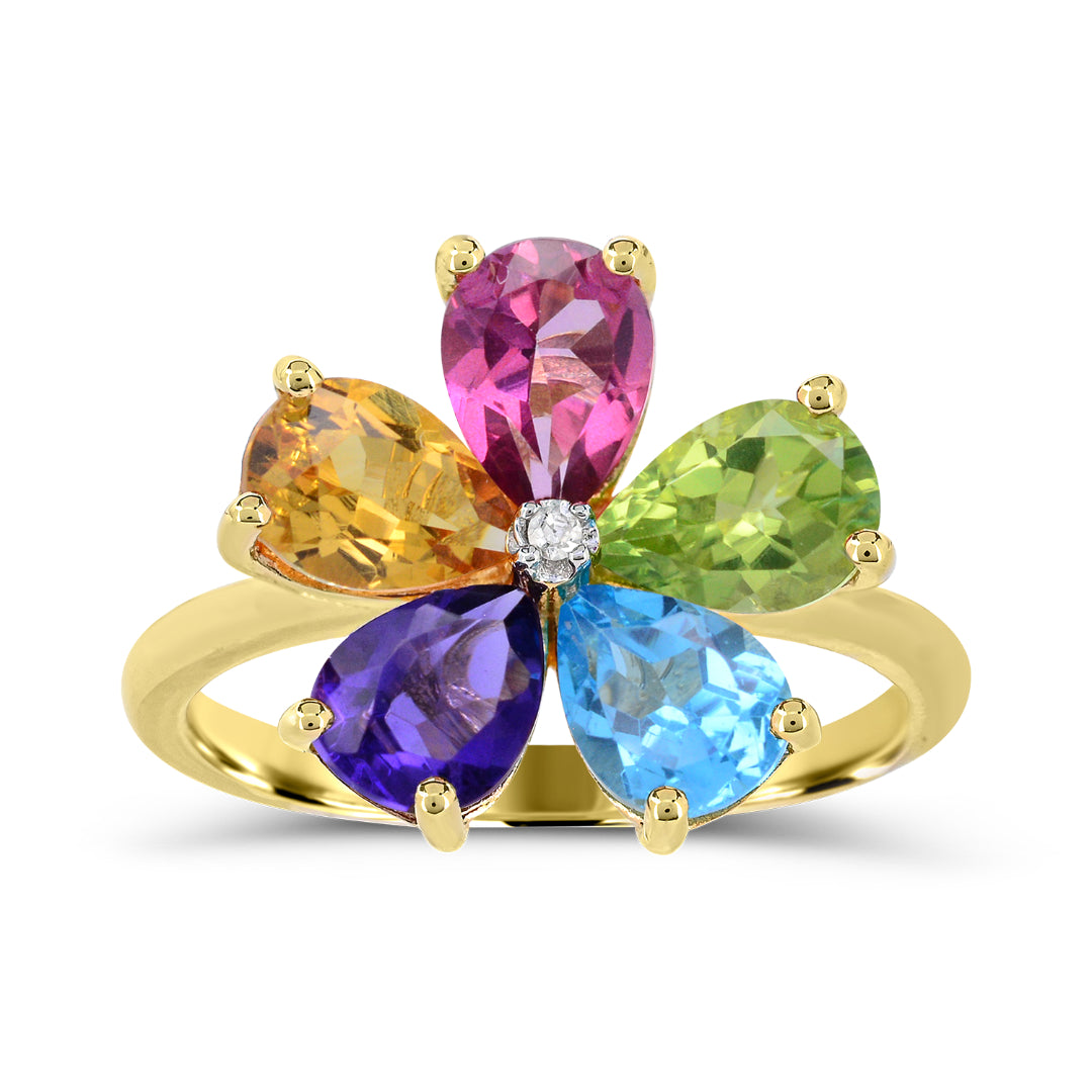 10K Yellow Gold Multi-Colored Flower Ring (Size 7)