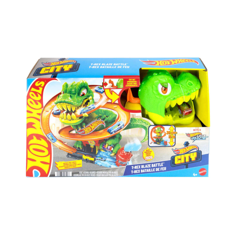 Hot Wheels City T-Rex Blaze Battle Building Playset with 1:64 Scale Die-Cast Car