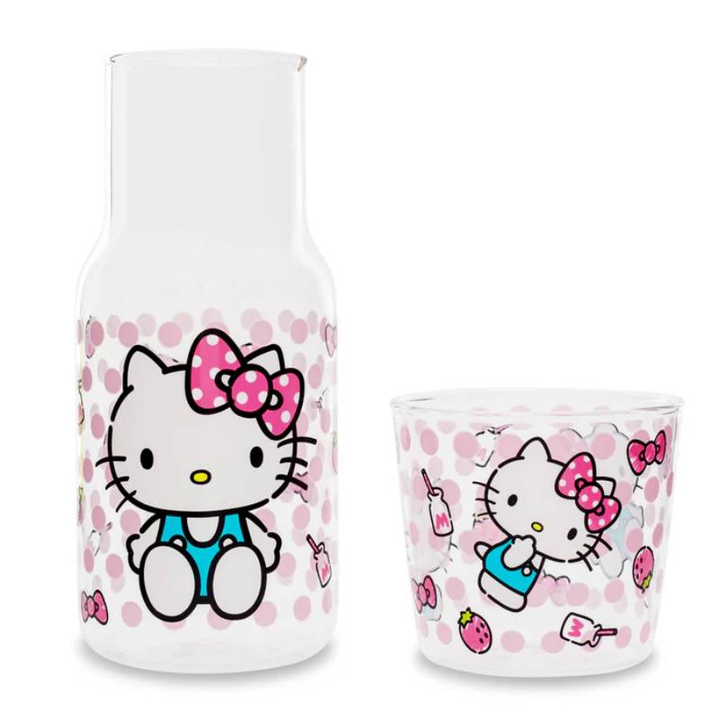 Sanrio Hello Kitty Pink Dots 18 oz Glass Pitcher and 8 oz Cup