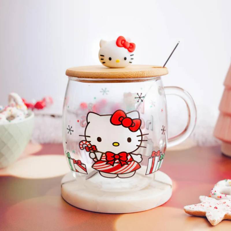 Sanrio Hello Kitty 17 oz Holiday Glass Coffee Mug With Lid and Spoon