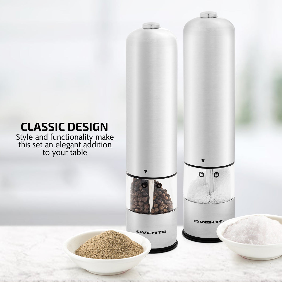 Ovente SPD112S Electric Salt and Pepper Stainless Steel Grinder Set
