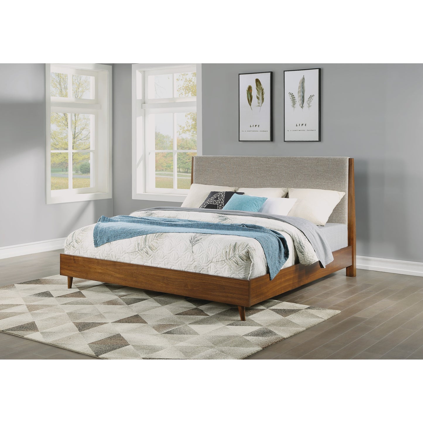 Mid-Century Modern California King Upholstered Bed with Platform Frame