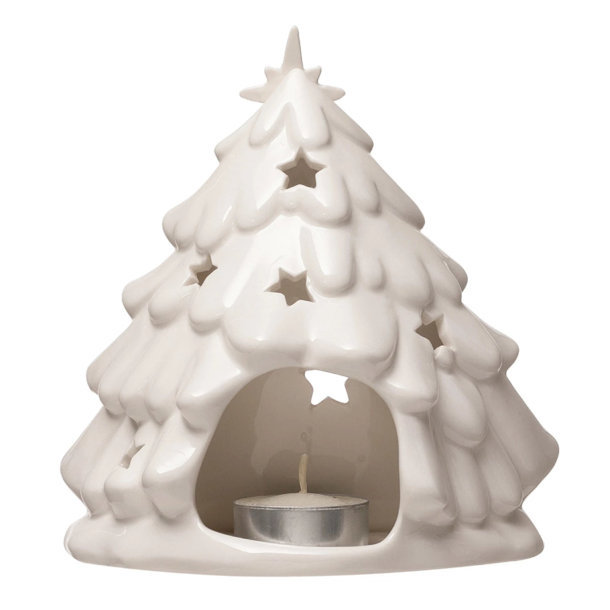 Creative Co-op Holy Family Candle Holder with Tree and Cut-Outs - White
