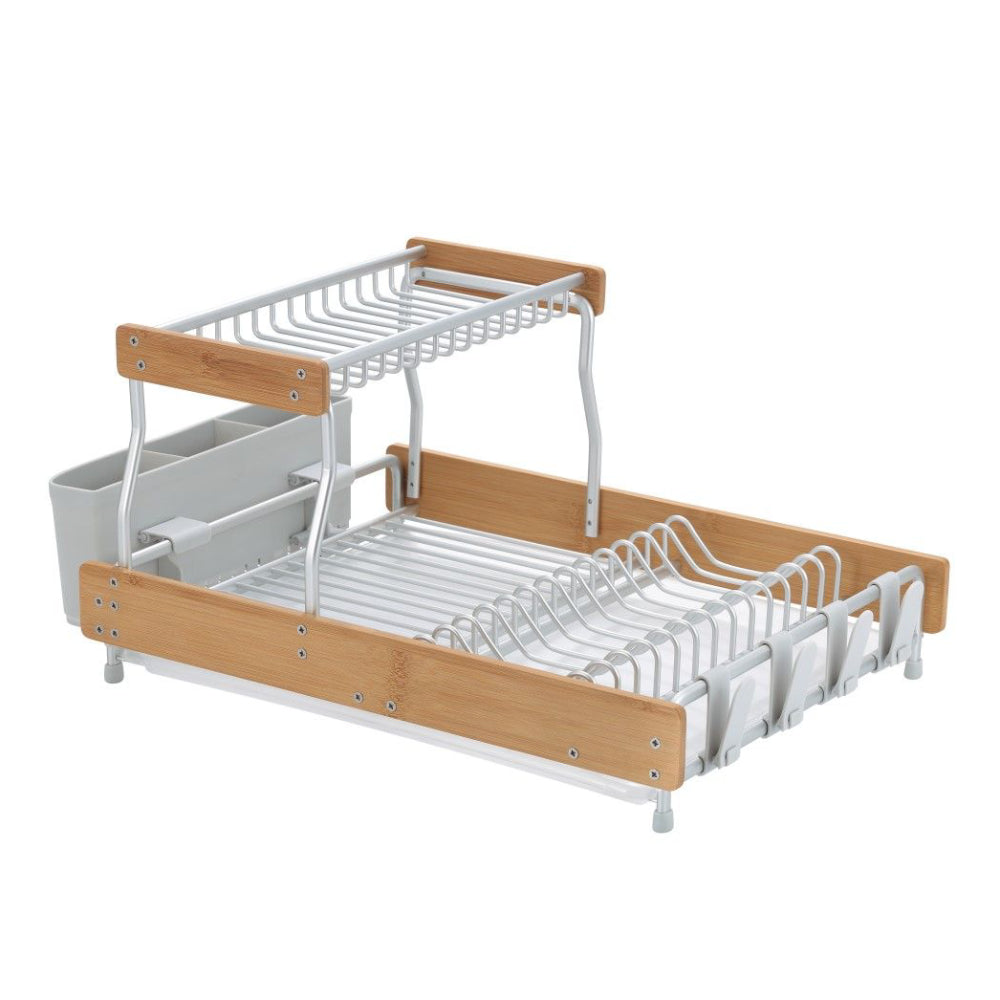 Appliance Basics 033 Aluminum Two-Tier Dish Drying Rack with Bamboo Frame