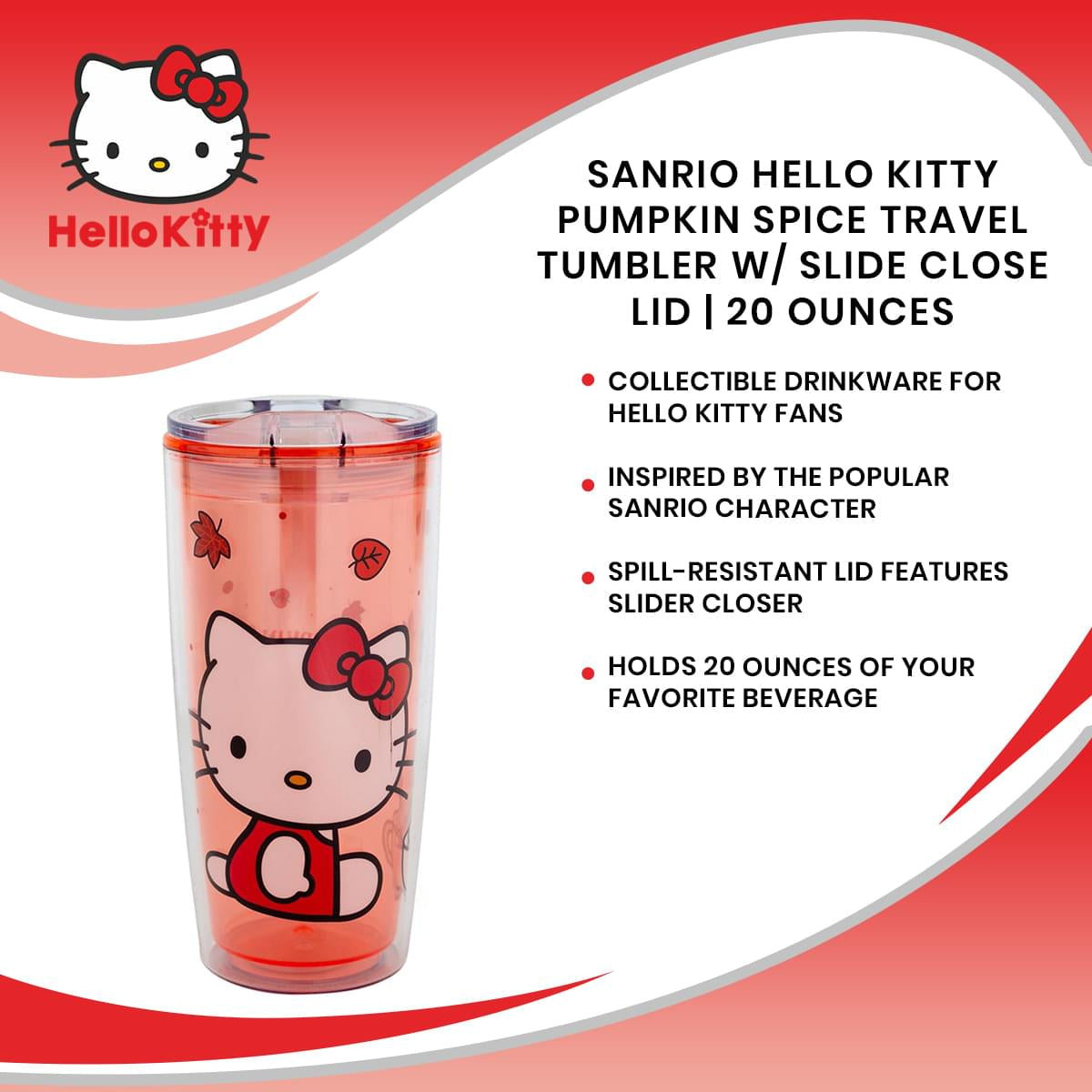 Sanrio Hello Kitty 20 oz Travel Tumbler with Slide Close Lid - Red