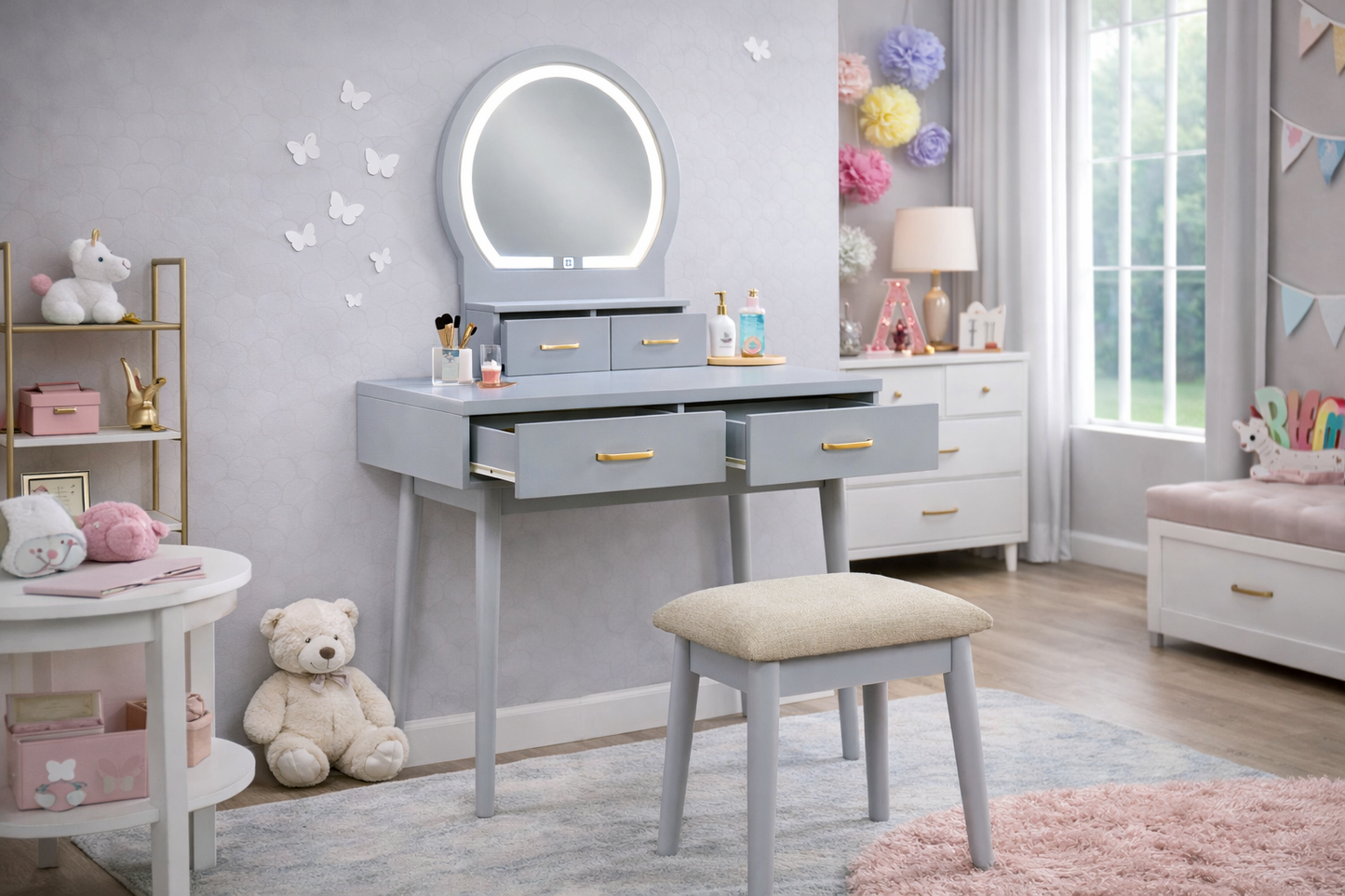 Vanity Aura with Mirror and Stool by Homelegance
