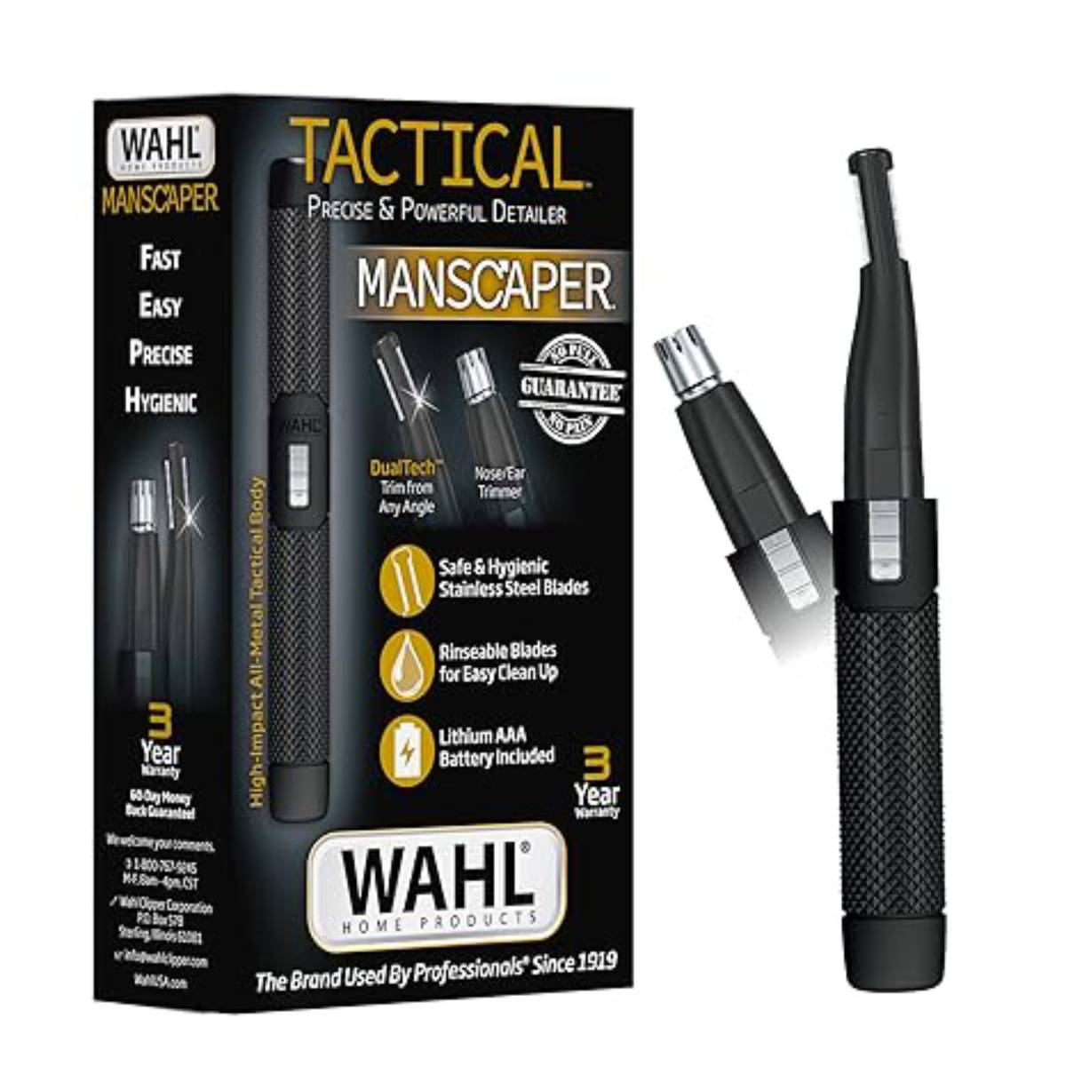 Wahl Manscaper 2 in 1 Lithium Battery Tactical Dual Sided Eyebrow & Nose Hair Trimmer(for men) - Black