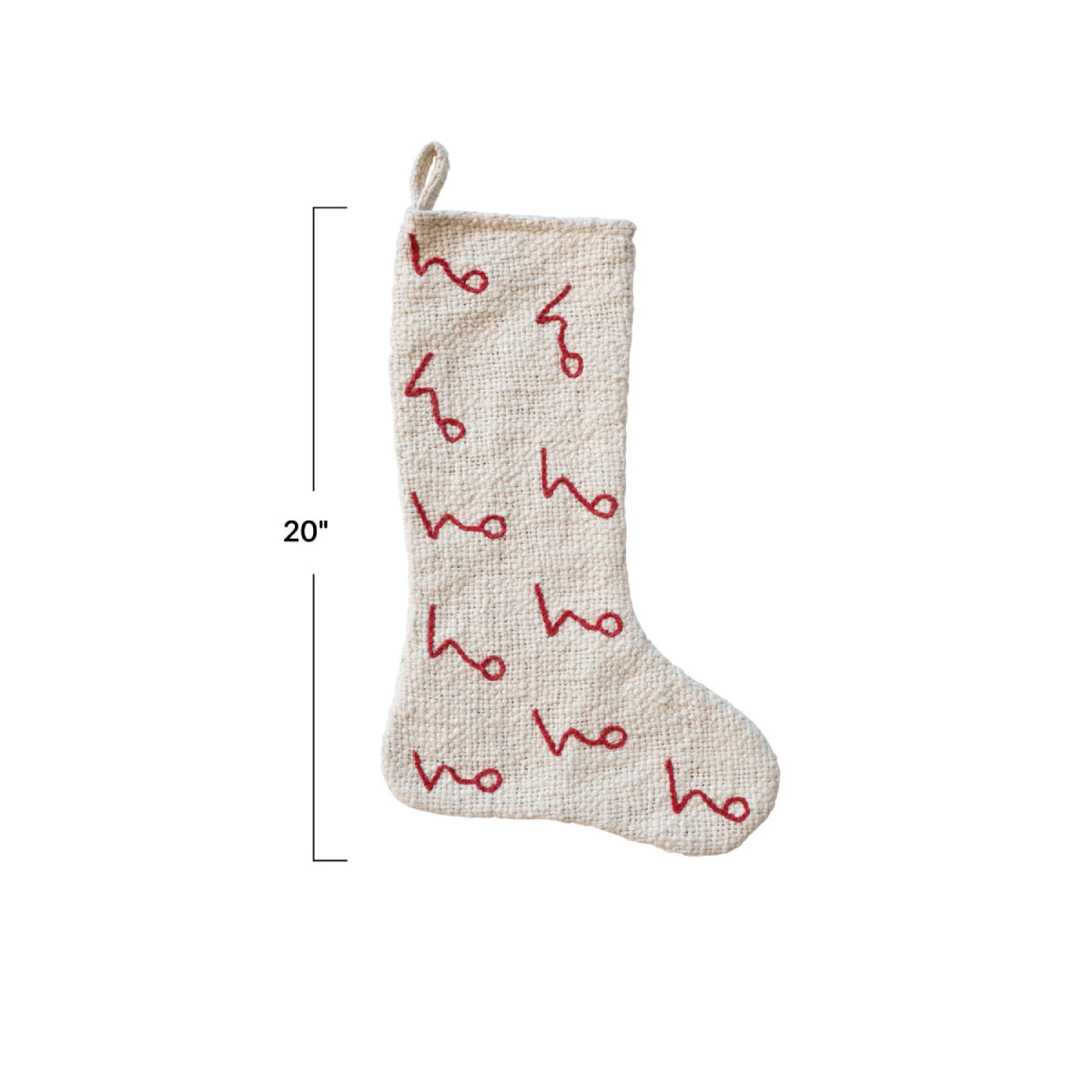 Creative Co-op Stocking with Embroidered "Ho Ho Ho" Pattern - Natural/Red