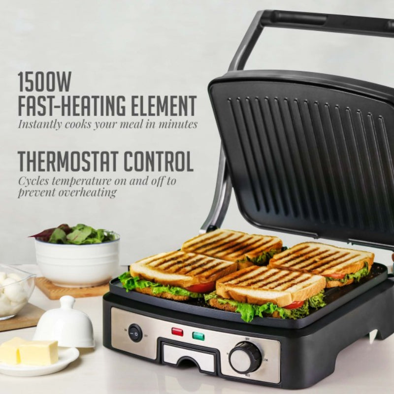 Ovente GP1861BR 4-Slice Electric Panini Grill with Double-Sided Non-Stick Plates - Silver