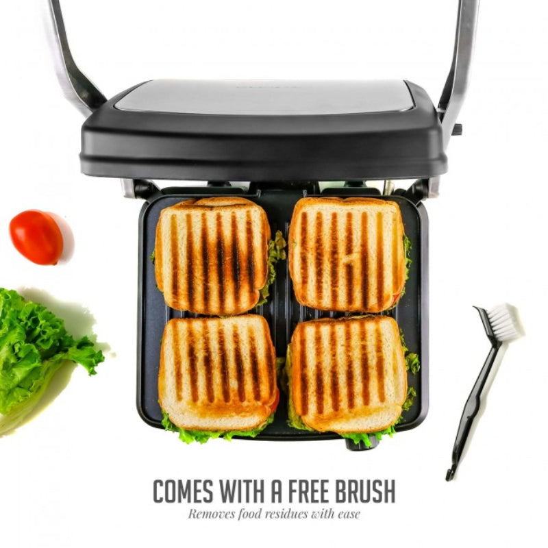 Ovente GP1861BR 4-Slice Electric Panini Grill with Double-Sided Non-Stick Plates - Silver
