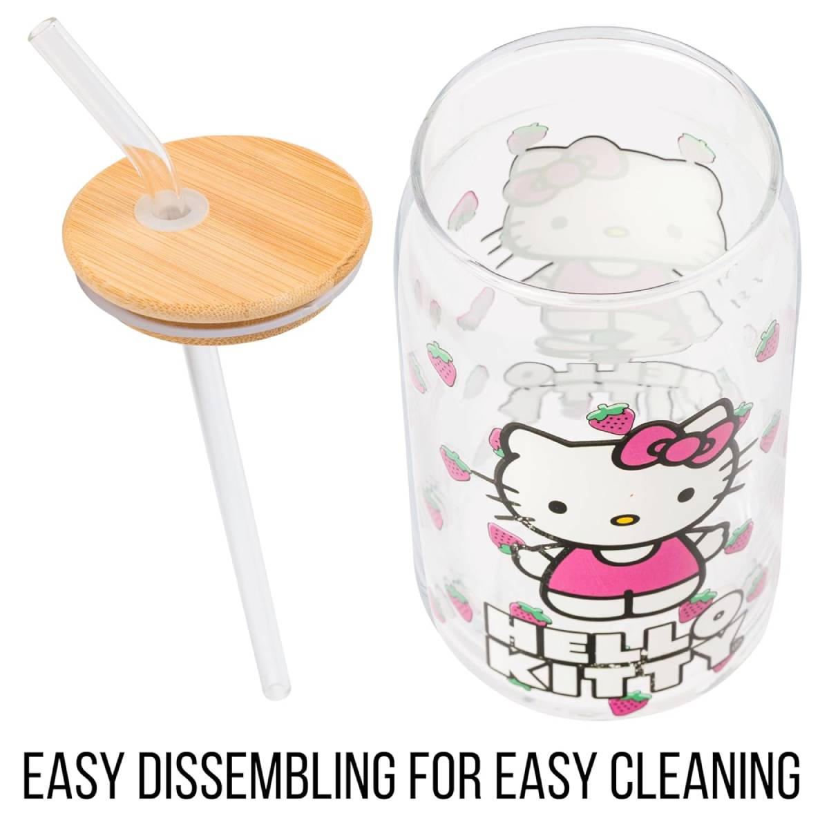 Sanrio Hello Kitty 16 oz Strawberry Toss Glass Tumbler with Lid and Straw - Multicolor