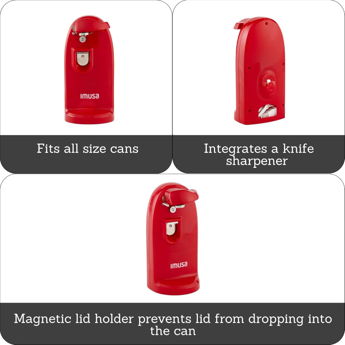 Imusa GAU-80322R Electric Can and Bottle Opener with Knife Sharpener - Red