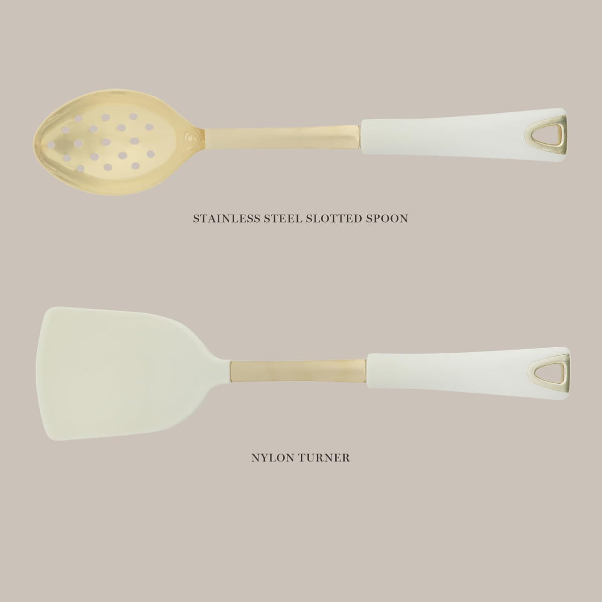 Martha Stewart 142693 Kitchen Turner and Slotted Spoon (2 Piece) Set - Linen/Gold