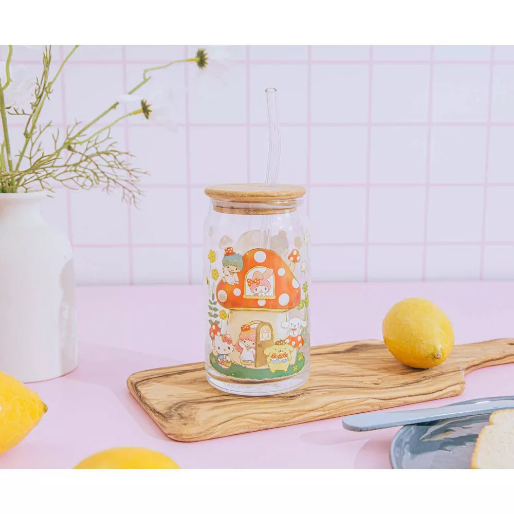 Sanrio Hello Kitty and Friends Mushroom 20 oz Glass Tumbler With Bamboo Lid and Straw - Multicolor