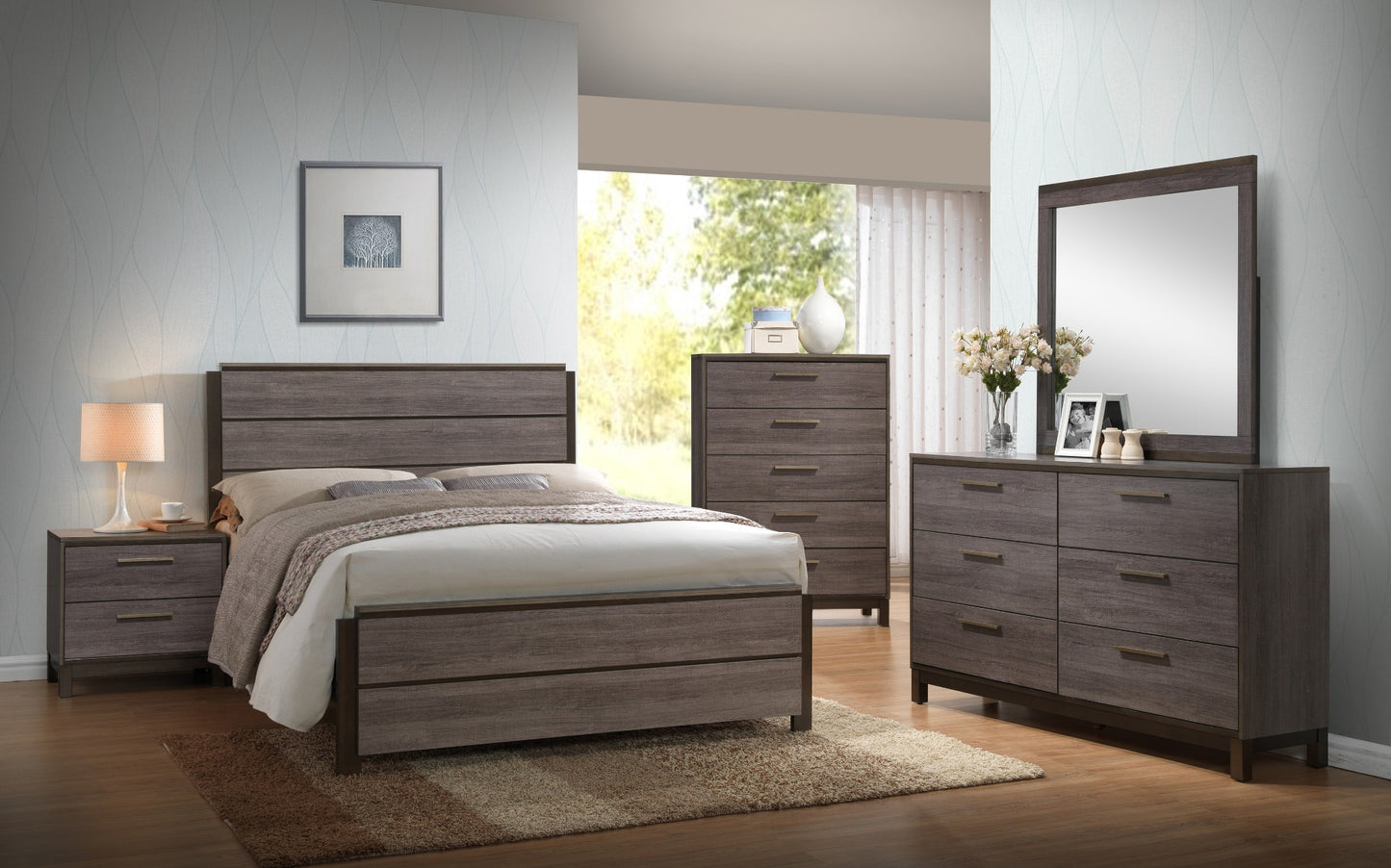 5-Piece Bedroom Set with Headboard, Footboard, Rails, Nightstand, Dresser and Mirror by Best Home - Brown - Curacao