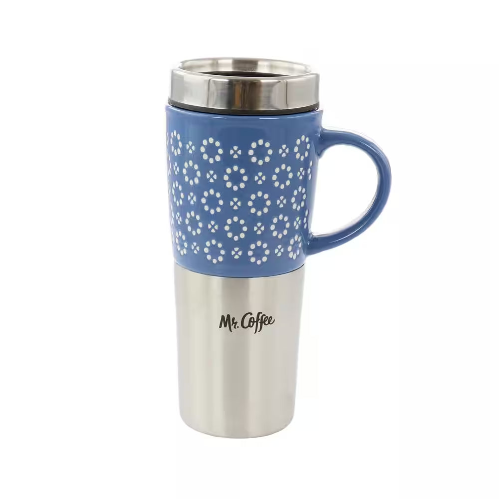 Mr. Coffee 138970 Travertine 16 oz Travel Mug with Lid - Blue