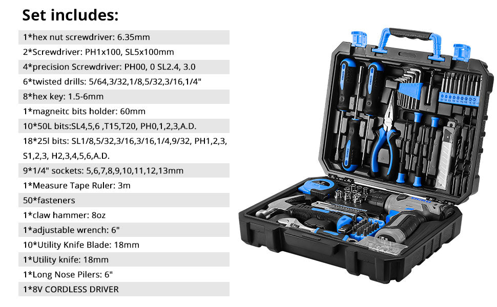 DEKO Drill Set: 8V Cordless Tool Kit for Home Use 126 Piece
