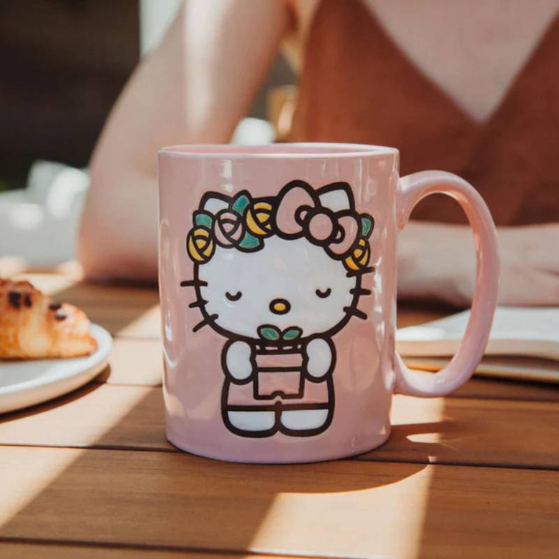 Sanrio Hello Kitty Flower Badge Wax Resist 18 oz Ceramic Pottery Mug - Pink
