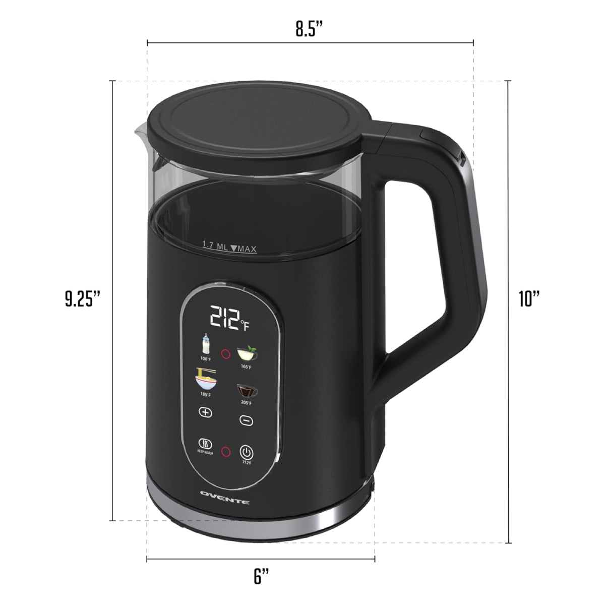 Ovente KD96B 1500W Electric Kettle with Digital Touchscreen - Black